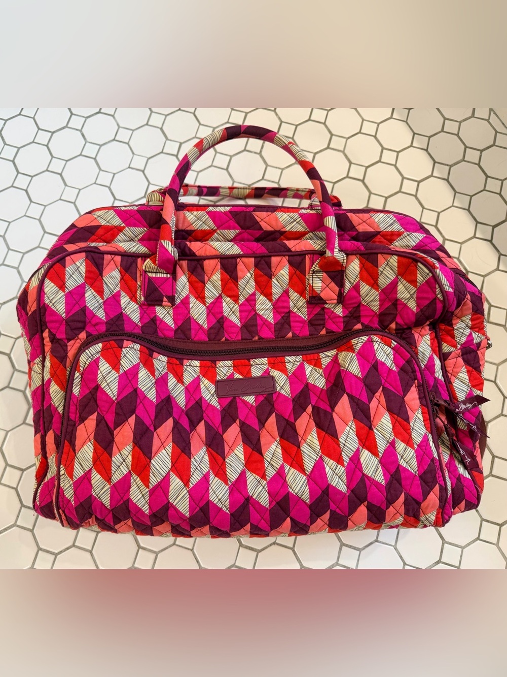Vera Bradley Pink, Red & Cream Quilted Weekender (Bohemian Chevron)